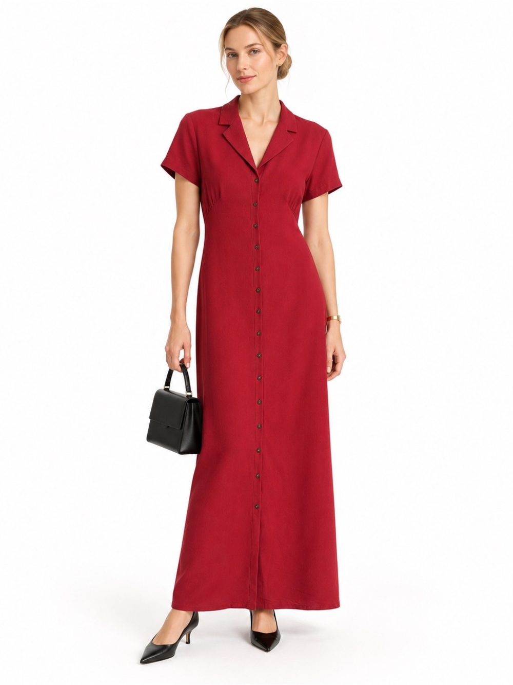 Vintage 90s Liz Claiborne Burgundy Button Front Maxi Shirtdress Size 10